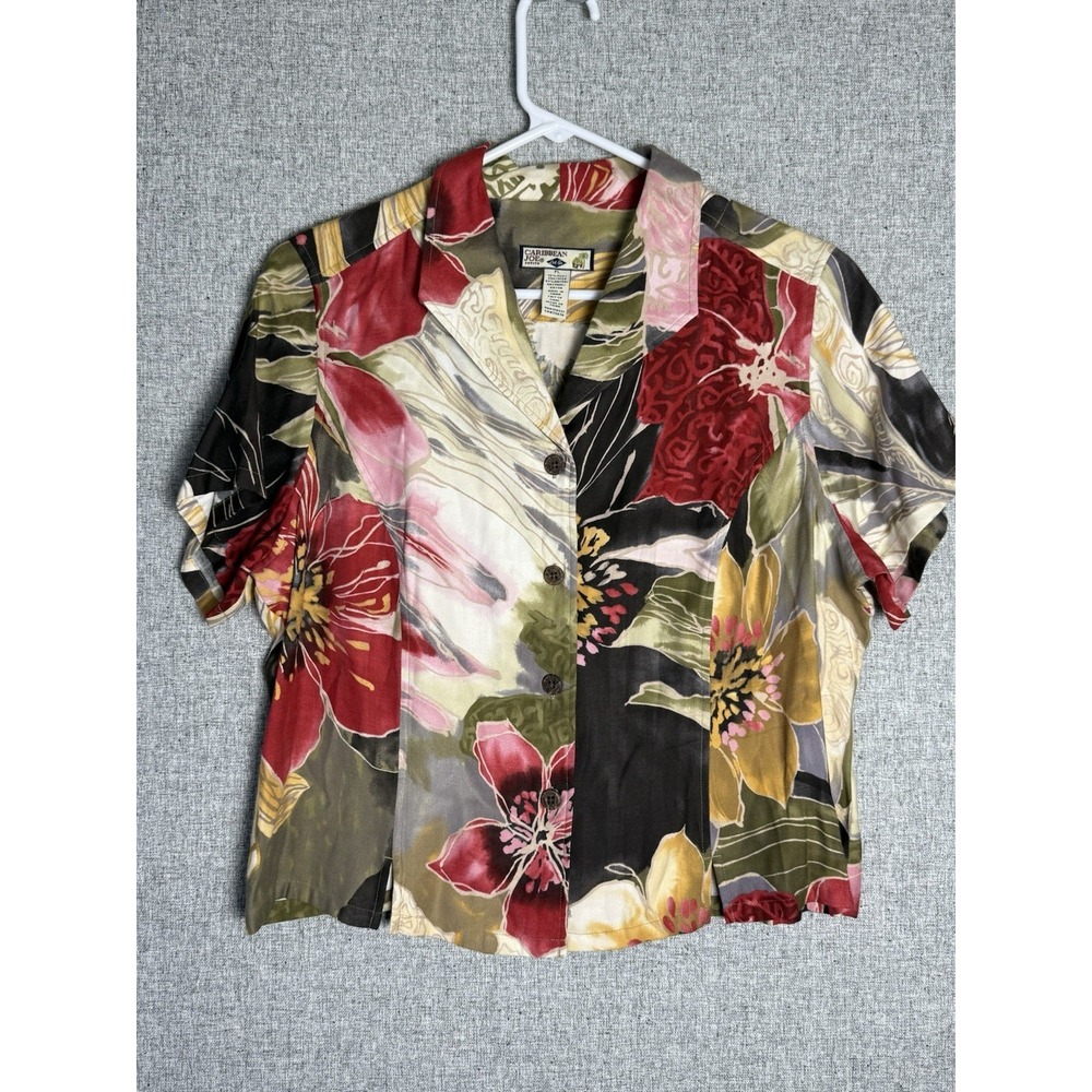 Y2K Caribbean Joe Aloha Hawaiian Shirt Red Green Floral Button‎ Up Silk MED/LG P